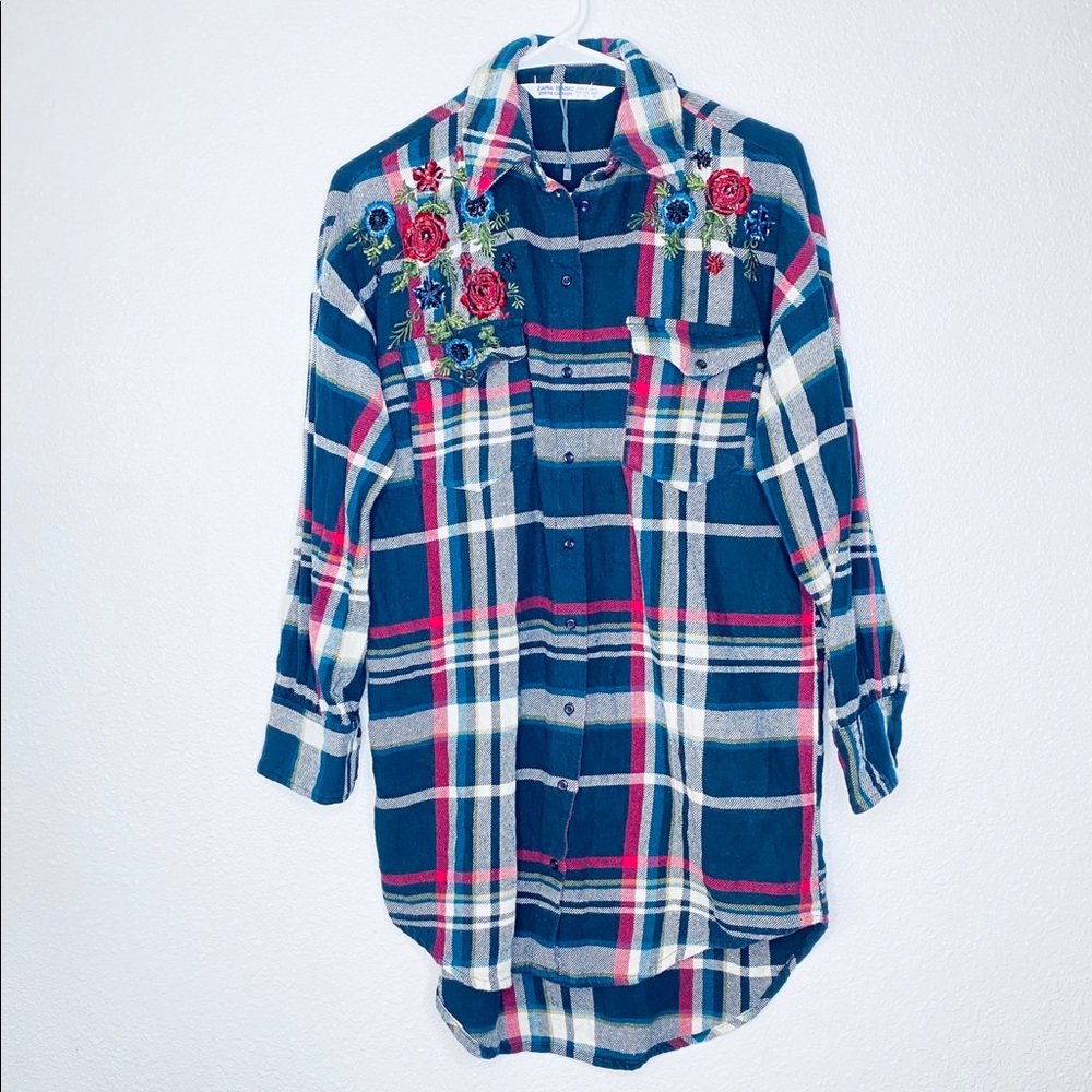 🍓 Zara NEW Basics Boho Plaid Floral Embroidered Beaded Button Front Top Small